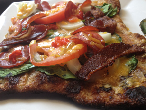 Grilled Artisan Whole Grain Pizza with Pepperoni, Tomatoes, Spinach and Bacon