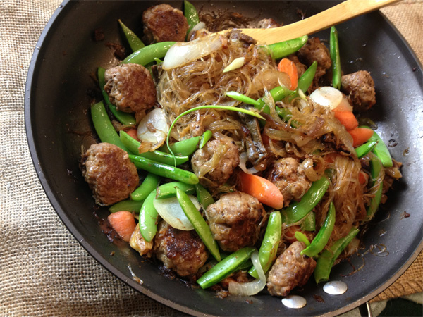 Stir Fry Noodles with Pork Meatballs, Beef and Vegetables